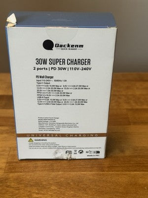 QACKENM 30W SUPER CHARGER Universal Charging 2 Ports ~ PD 30W 110V-240V White