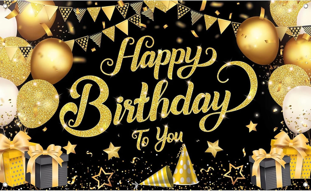 KatchOn, Black & Gold Happy Birthday Back Drop Photo Booth Banner, 72x44 Inch