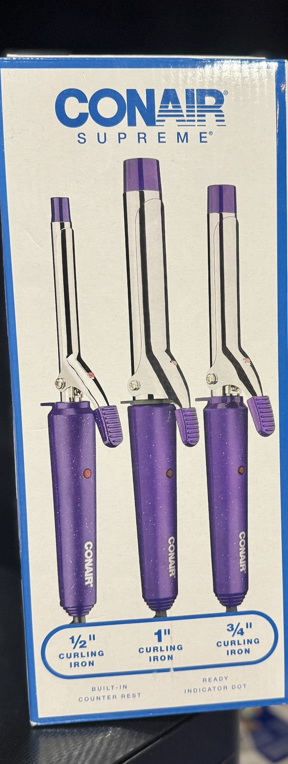 BRAND NEW CONAIR SET OF 3 CURLING IRONS 1/2”, 1”, 3/4” SZ BUILT IN COUNTER REST