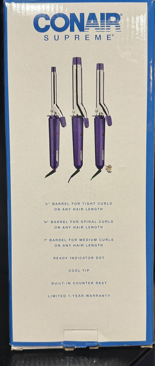 BRAND NEW CONAIR SET OF 3 CURLING IRONS 1/2”, 1”, 3/4” SZ BUILT IN COUNTER REST